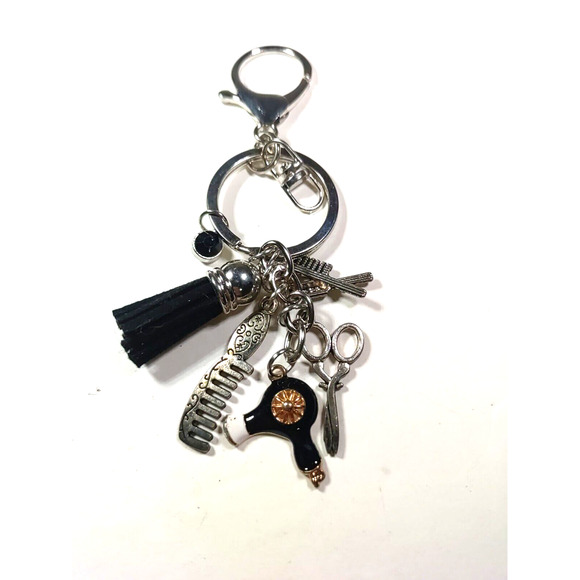 Cosmetology Keychain Silver Tone Brush Hair Dryer Scissors Keychain Purse Clip - Picture 3 of 6